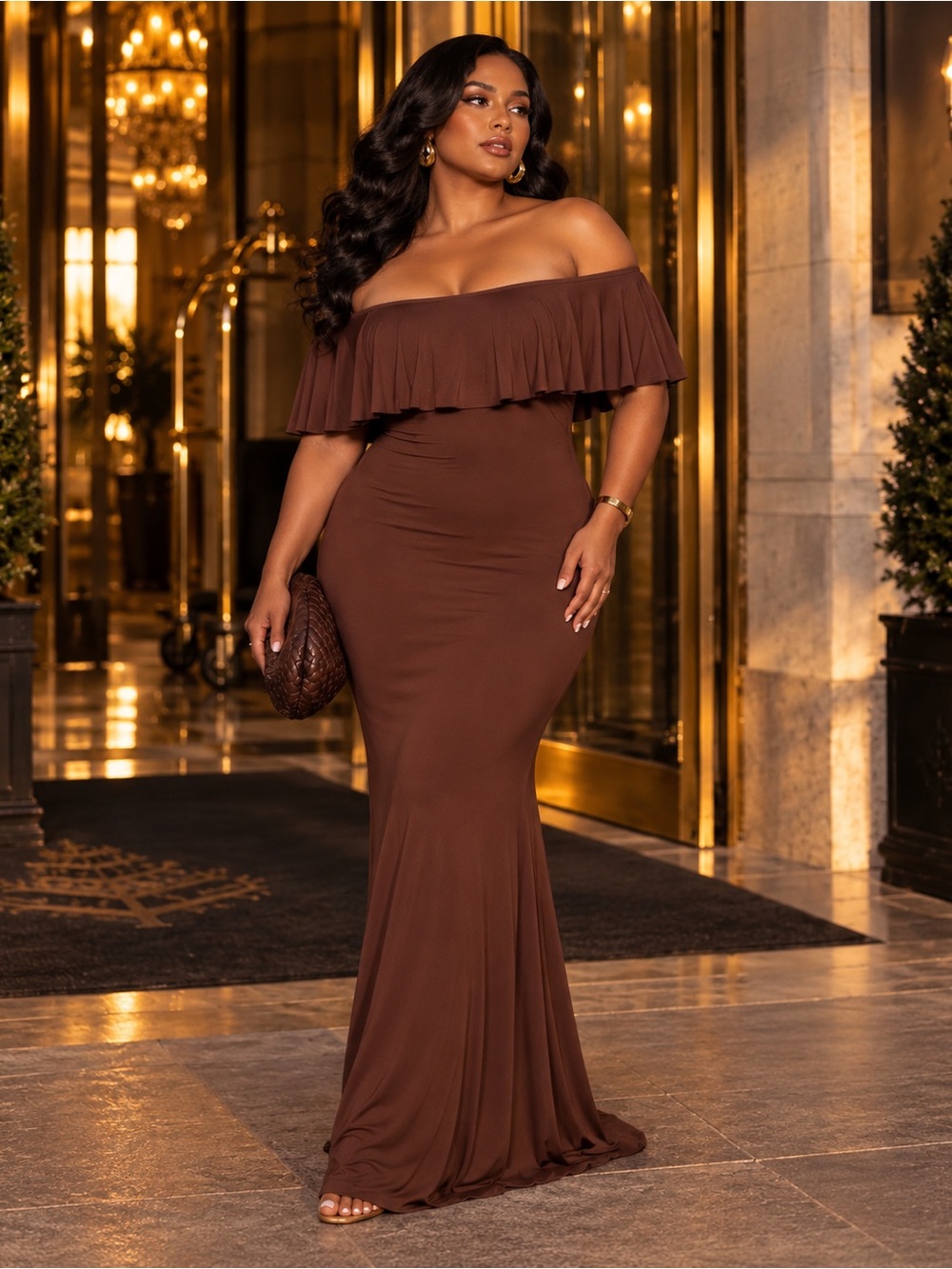 NEW JLUXLABEL Chocolate Brown Ruffle Maxi Dress